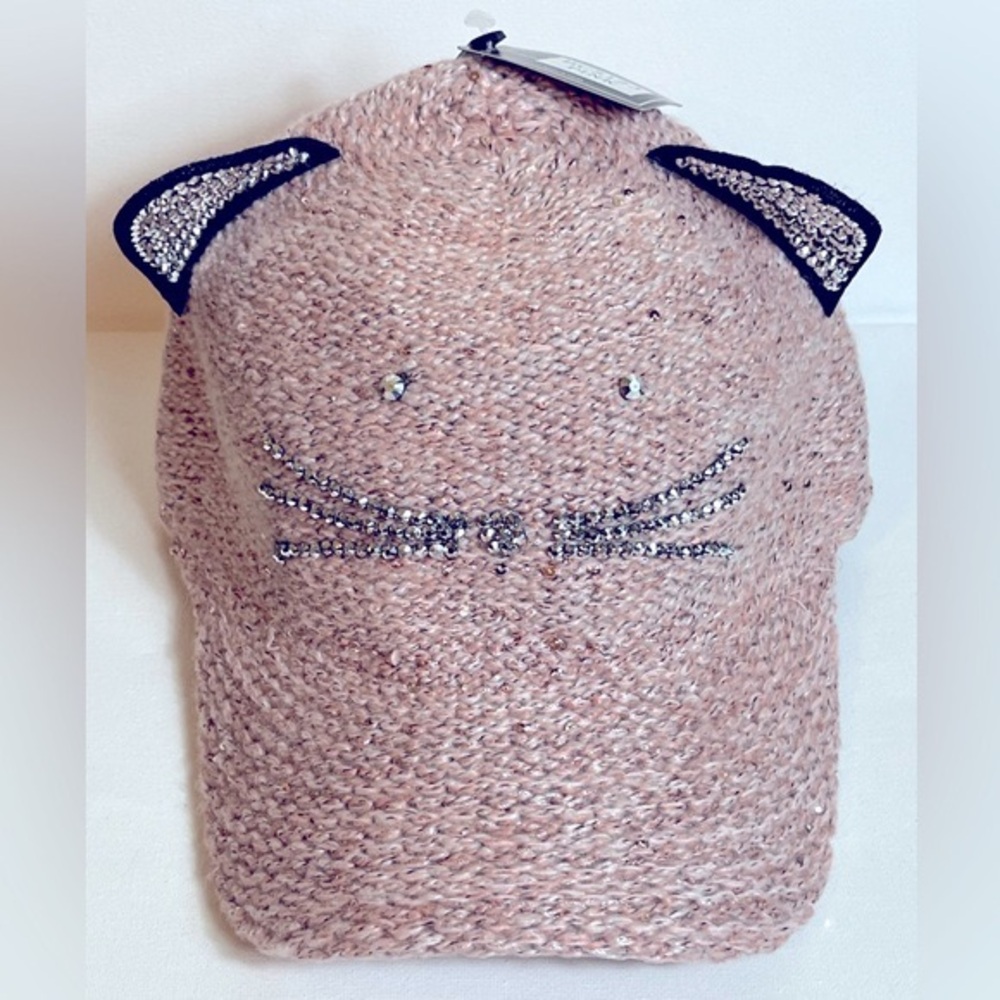Sazy Bee Crochet Knit Kitty Cat Hat Baseball Cap Pink OS Cotton Snap Back NWT